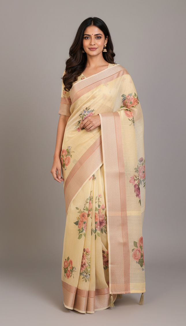 Butter Yellow Designer Organza Tissue Silk Floral Print Saree with Blouse |DS26_1