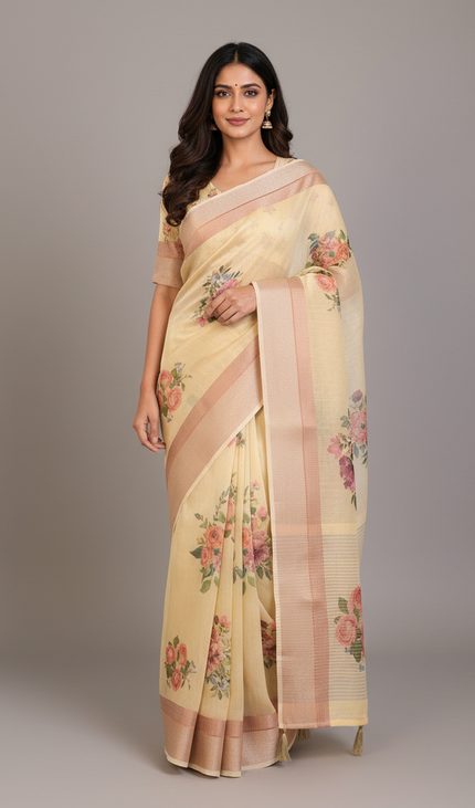 Butter Yellow Designer Organza Tissue Silk Floral Print Saree with Blouse |DS26_1