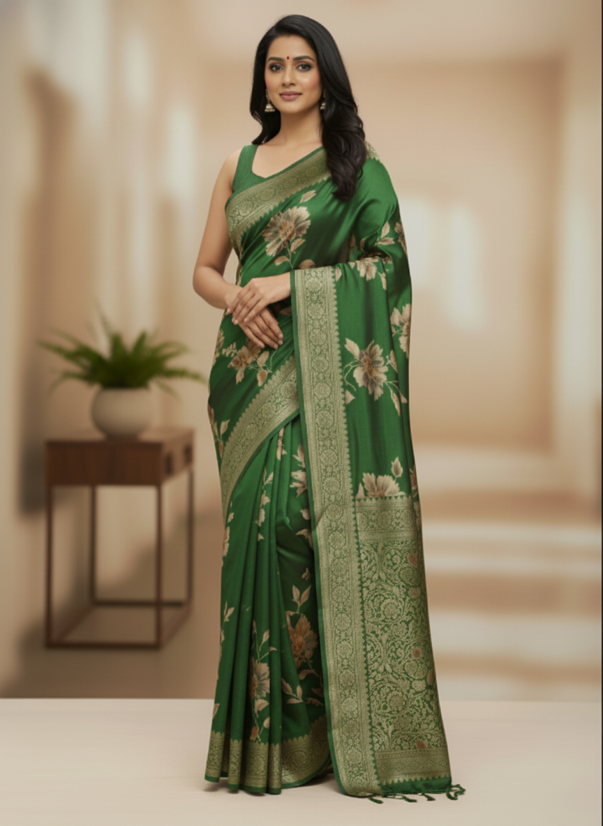 Rani pink  Floral Printed Chiffon Saree with Border| AS-00106