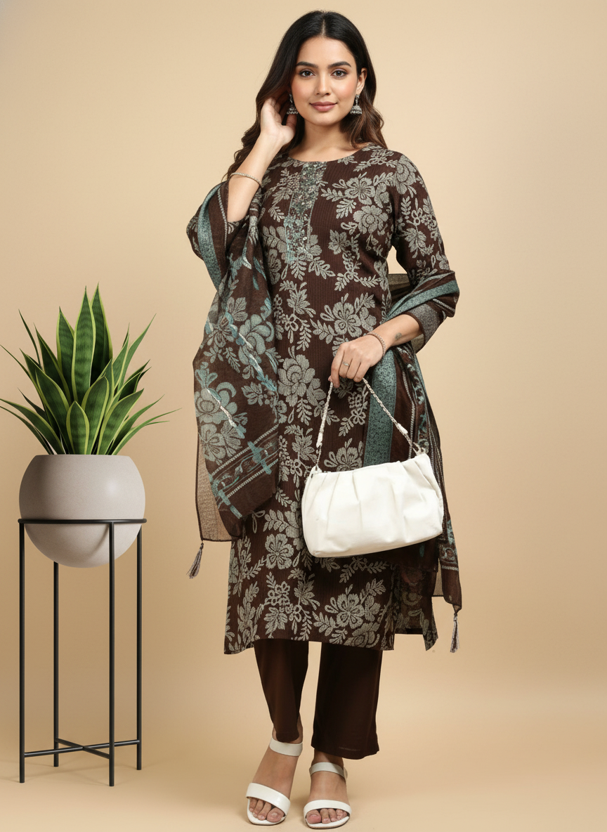 Wine Printed Kurti Set For Women| AS-00194