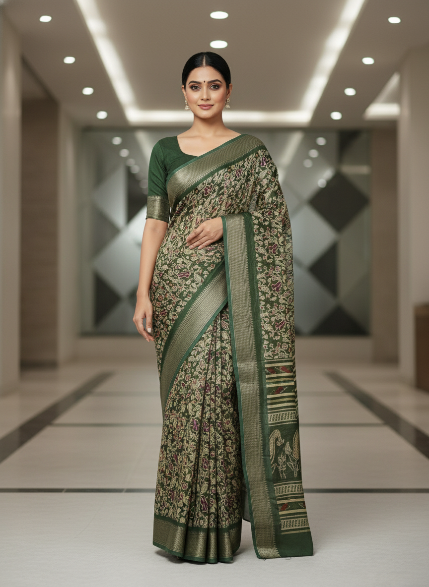 Emerald green Printed Soft chiffon Saree | AS-0099