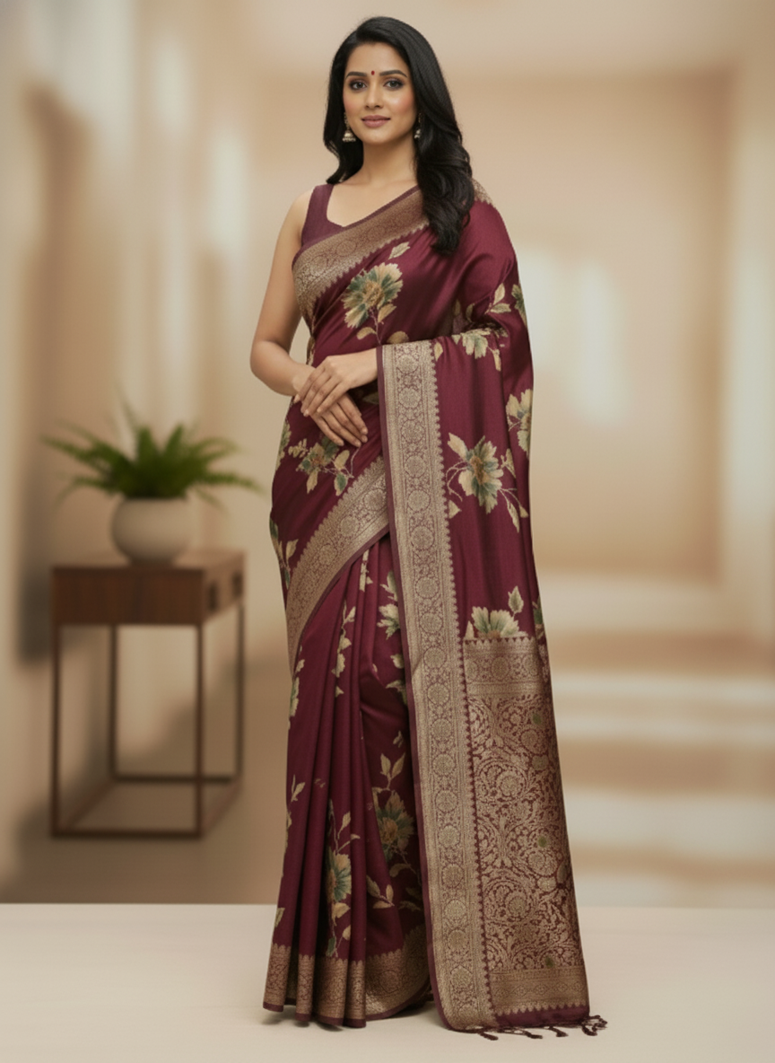 Rani pink  Floral Printed Chiffon Saree with Border| AS-00106