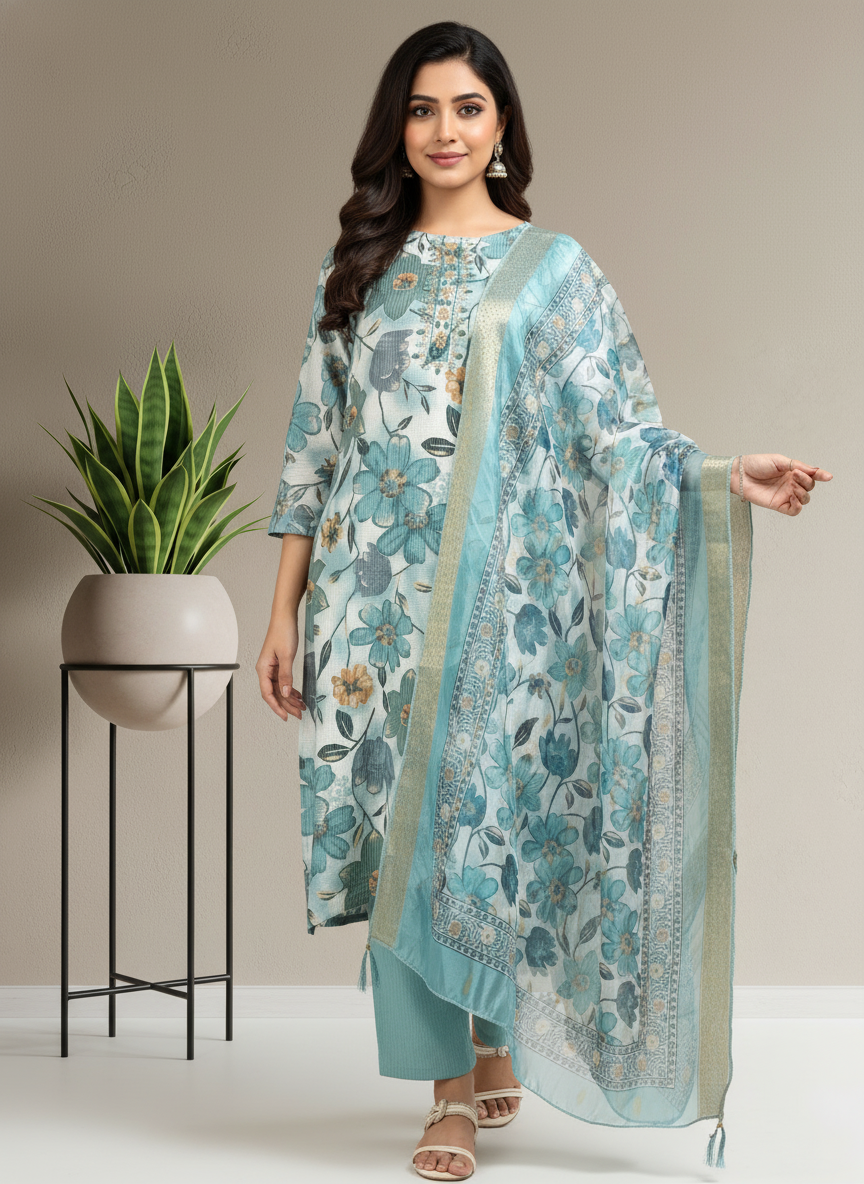 Blue Printed Kurti Set For Women| AS-00200