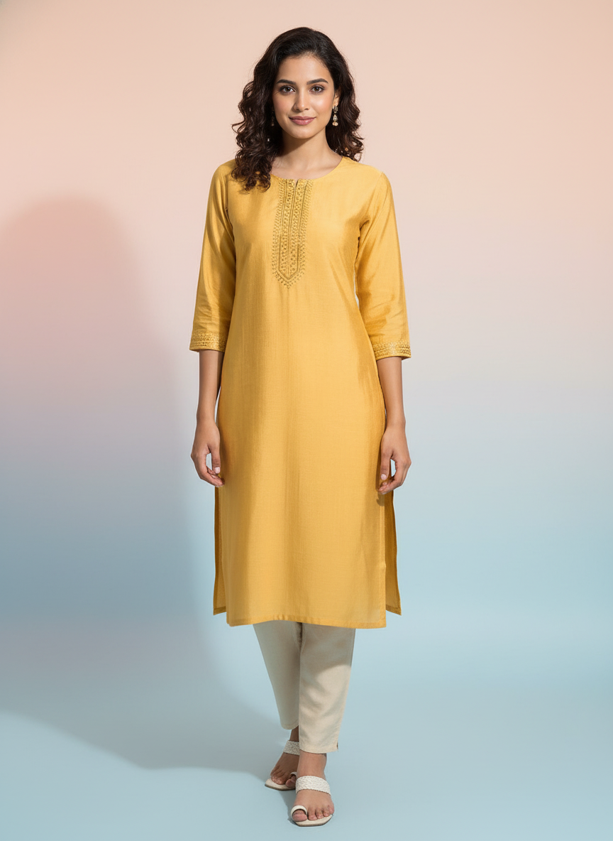 Mustard solid  straight cut kurta | AS-00166