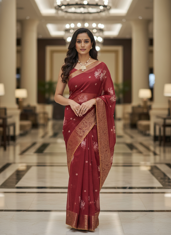 Blue  Floral Printed Chiffon Saree with Border| AS-00101