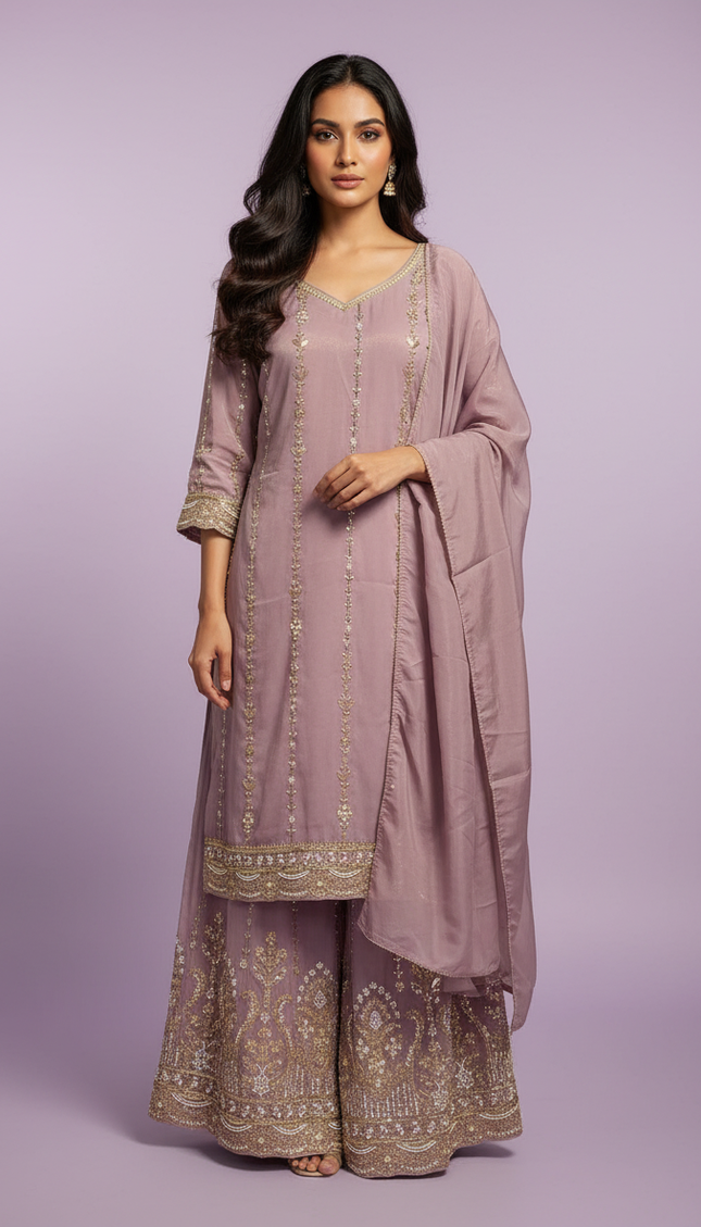 Lavender Tissue Organza Palazzo Set with Embroidered Dupatta|P4_1