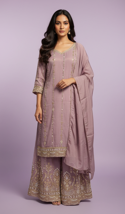 Lavender Tissue Organza Palazzo Set with Embroidered Dupatta|P4_1