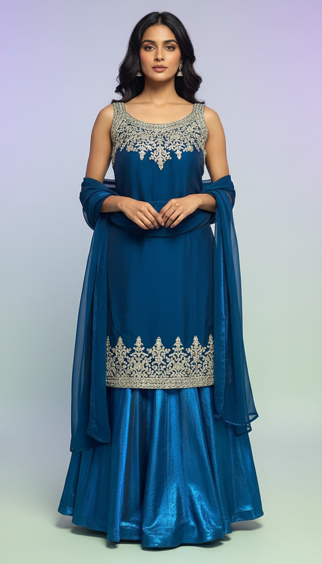 Royal Blue Tissue Organza Palazzo Set with Embroidered Dupatta|P1_2