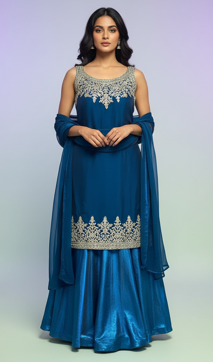 Royal Blue Tissue Organza Palazzo Set with Embroidered Dupatta|P1_2