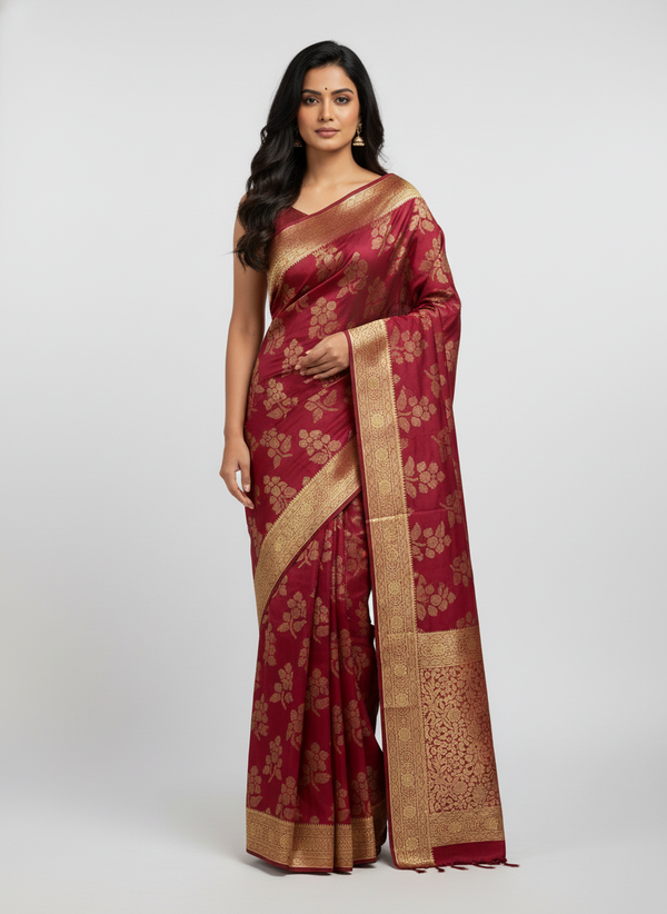 Marron Semi Silk Saree with Woven Border| AS-00245