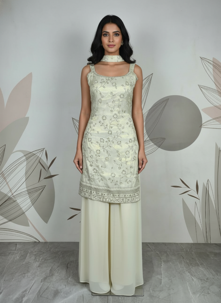 Cream  silk Palazzo Set With Dupatta| AS-00260