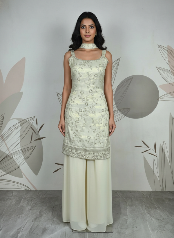 Cream  silk Palazzo Set With Dupatta| AS-00260