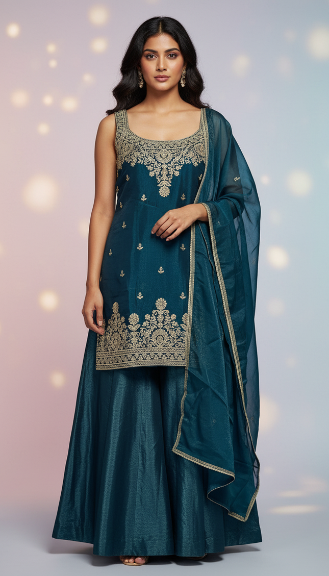 Teal Blue Tissue Organza Palazzo Set with Designer Embroidery|P3_2