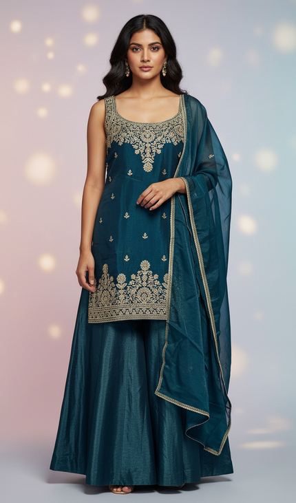 Teal Blue Tissue Organza Palazzo Set with Designer Embroidery|P3_2