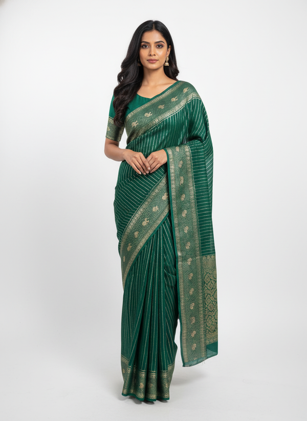 Rama green Silk Saree with Woven Border| AS-00241