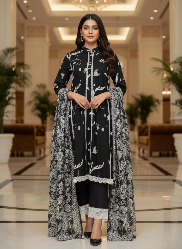 Black Cotton Printed Salwar Suit with Dupatta| AS-00176