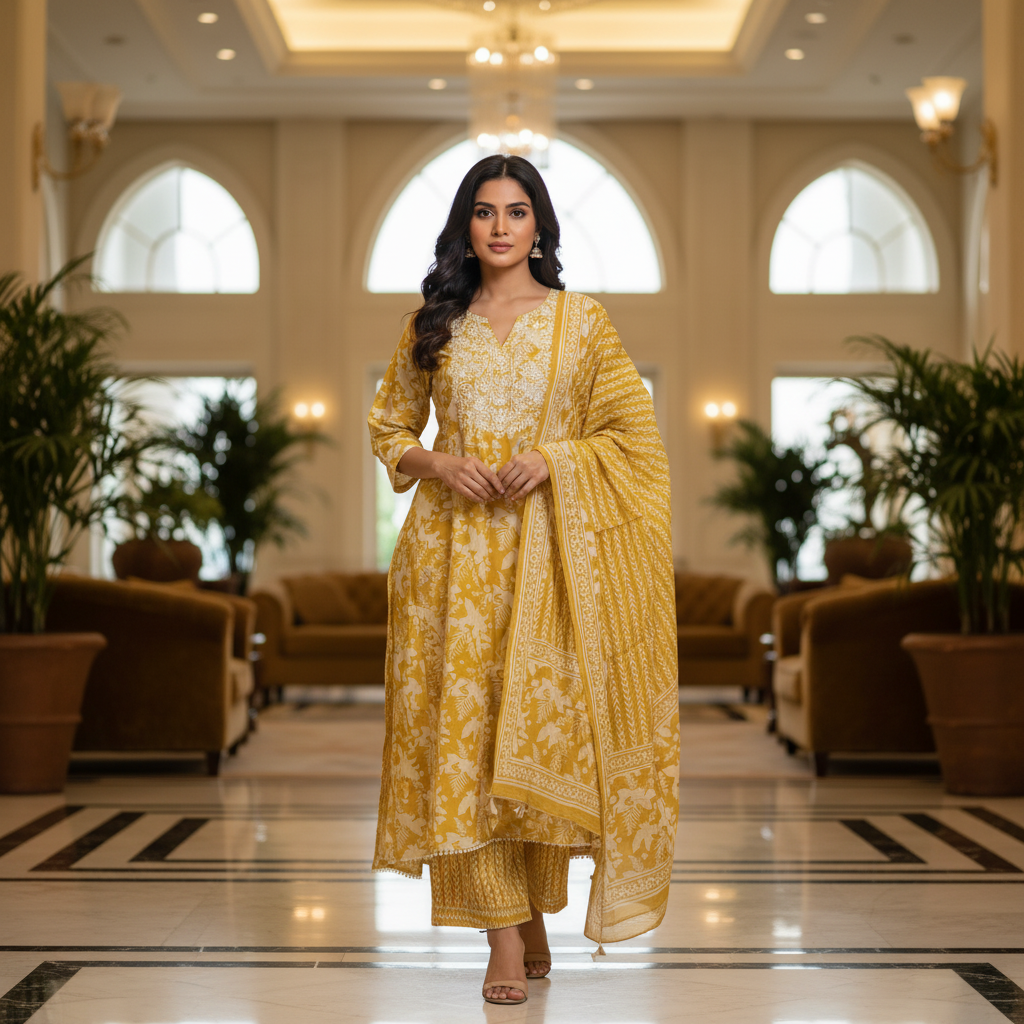 Yellow Cotton Printed Salwar Suit with Dupatta| AS-00172