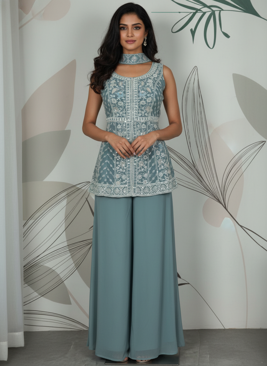 Light Blue silk Palazzo Set With Dupatta| AS-00256