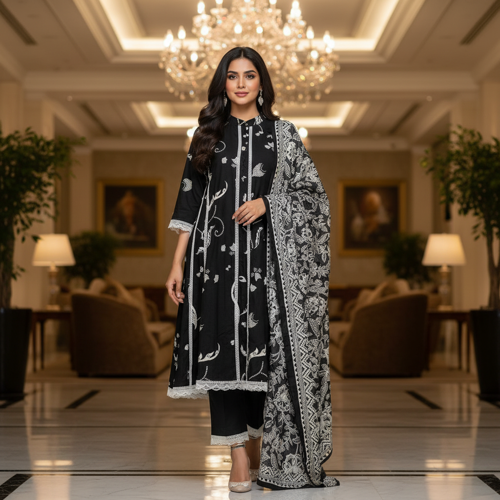 Black Cotton Printed Salwar Suit with Dupatta| AS-00176