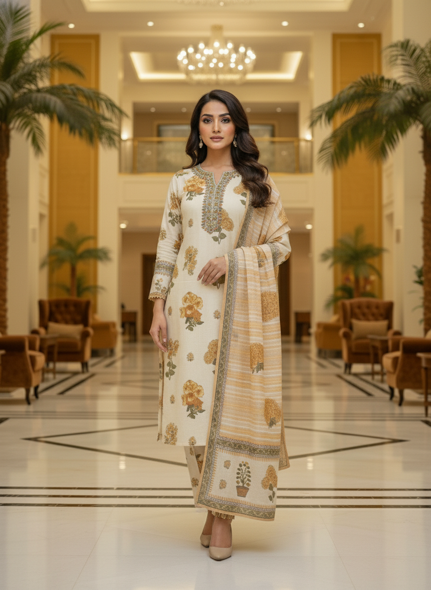 Cream Cotton Printed Salwar Suit with Dupatta| AS-00175