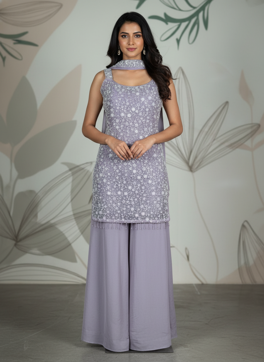 Lavender  silk Palazzo Set With Dupatta| AS-00258