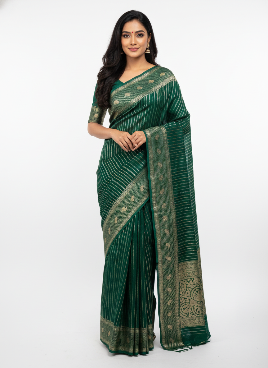 Rama green Silk Saree with Woven Border| AS-00241