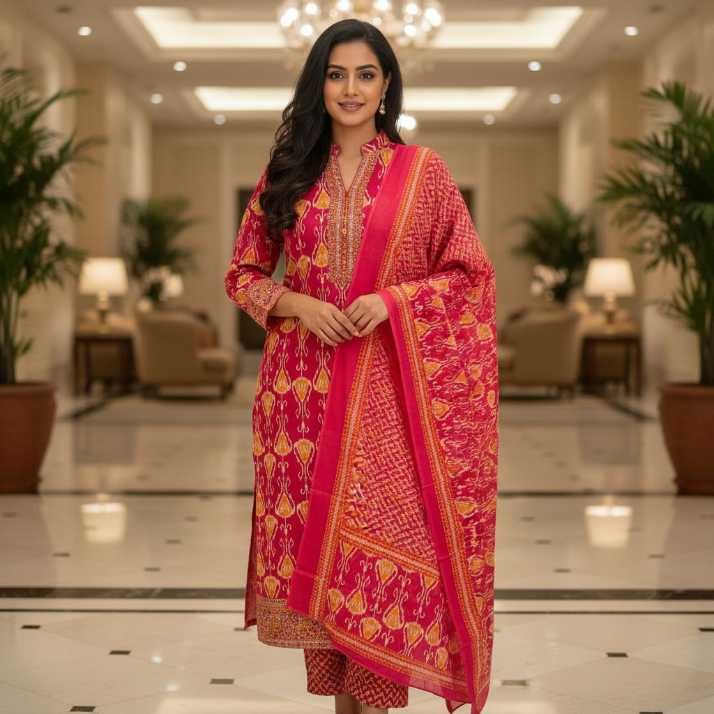 Dark Pink Cotton Printed Salwar Suit with Dupatta| AS-00171