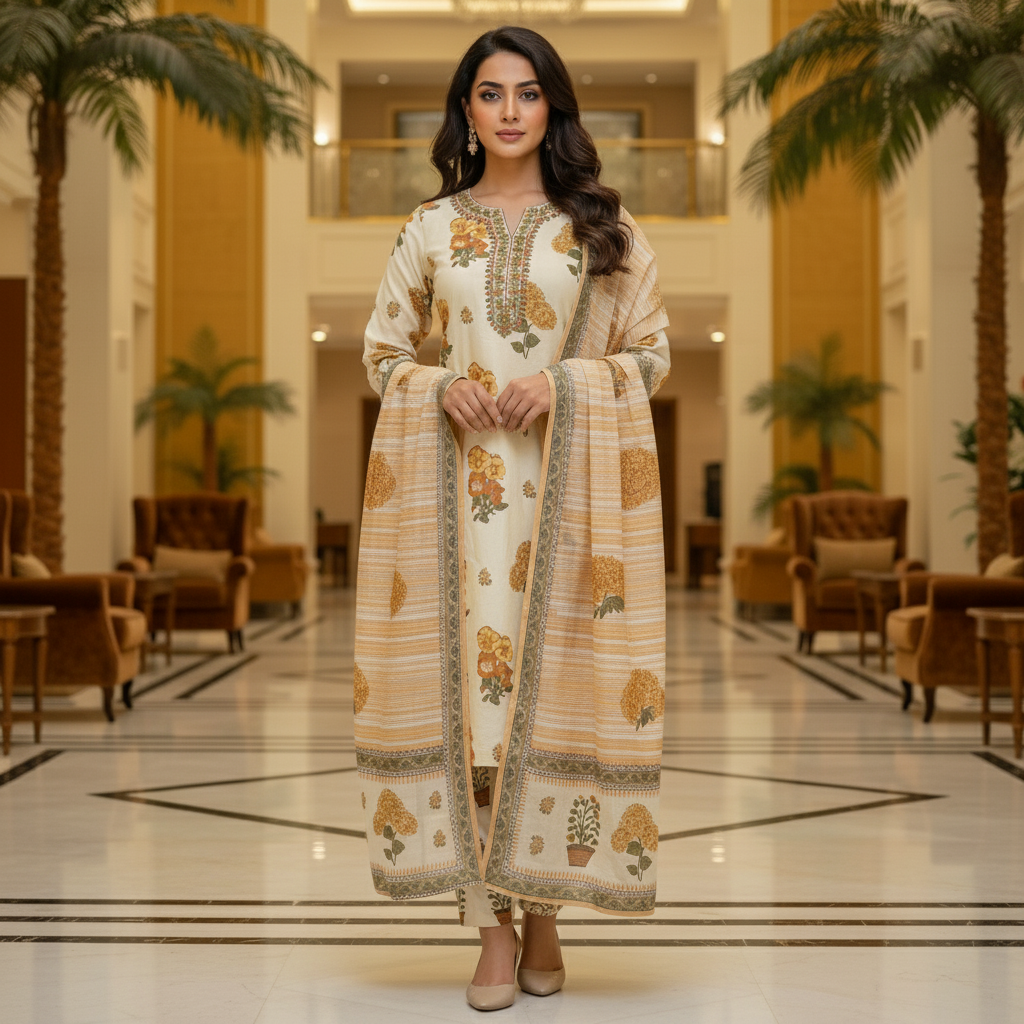 Cream Cotton Printed Salwar Suit with Dupatta| AS-00175