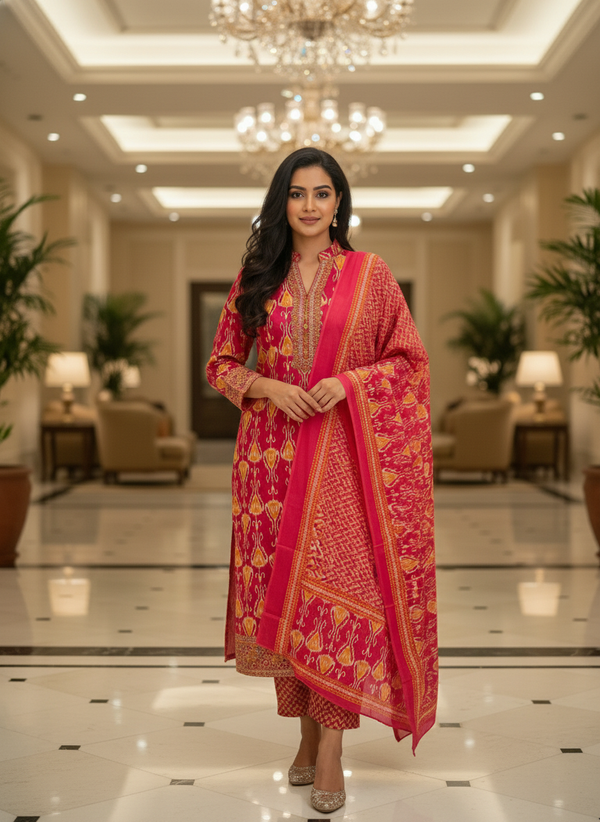 Dark Pink Cotton Printed Salwar Suit with Dupatta| AS-00171