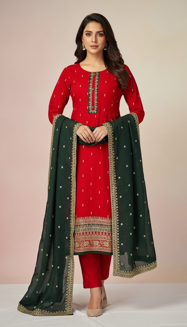 Red georgette Straight with Zori Work Panel|SC1_1