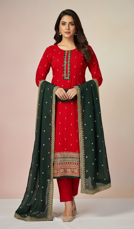 Red georgette Straight with Zori Work Panel|SC1_1