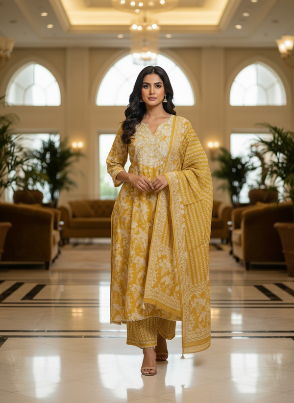 Yellow Cotton Printed Salwar Suit with Dupatta| AS-00172