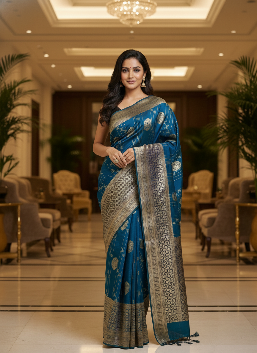 Navy Semi Silk Saree with Woven Border| AS-00247