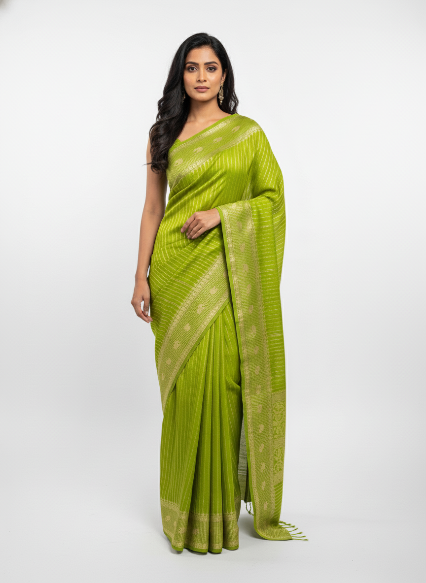 Rama green Silk Saree with Woven Border| AS-00241