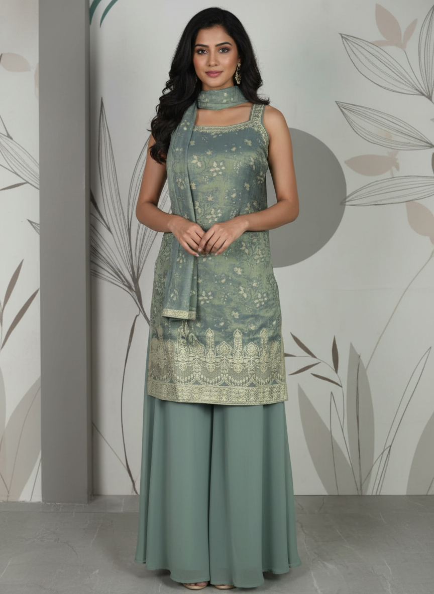 Bottle green silk Palazzo Set With Dupatta| AS-00255