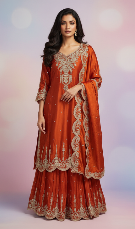 Rust Orange Tissue Organza Palazzo Set with Designer Embroidery|P5_1