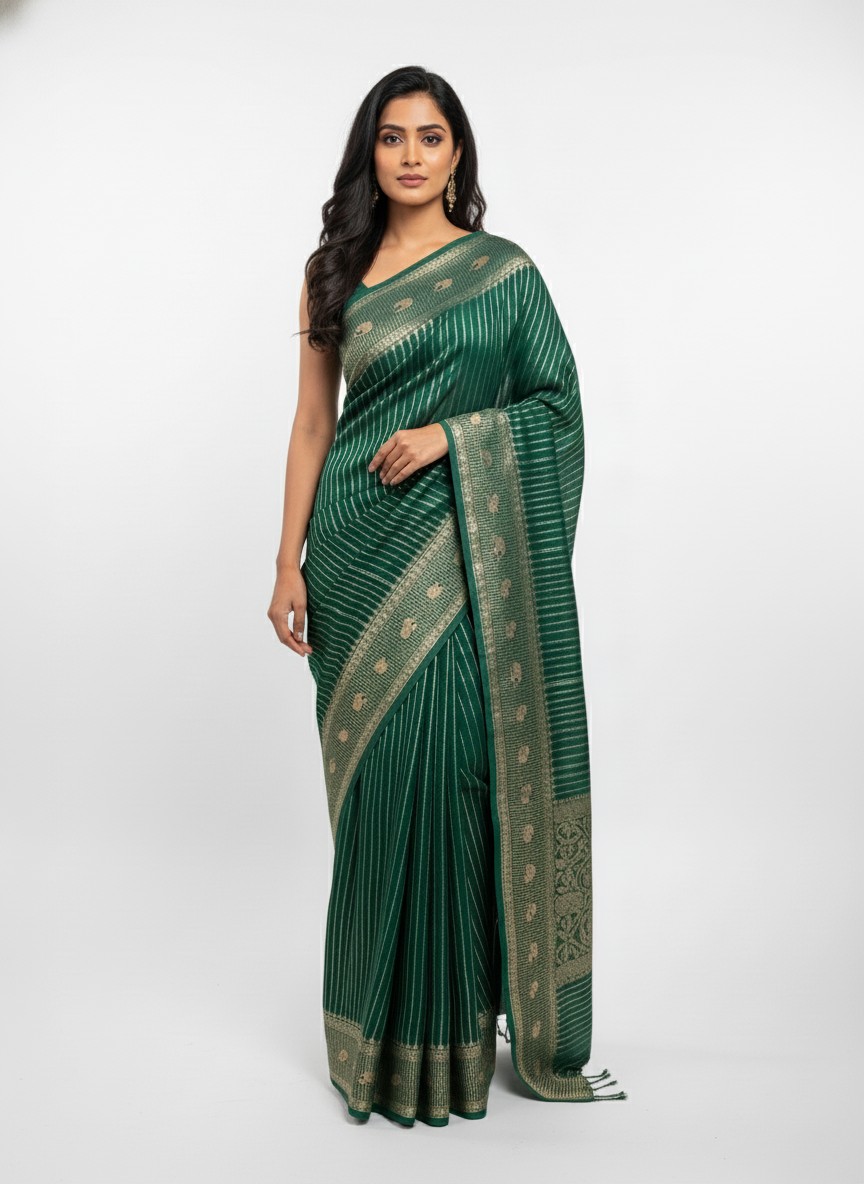 Rama green Silk Saree with Woven Border| AS-00241