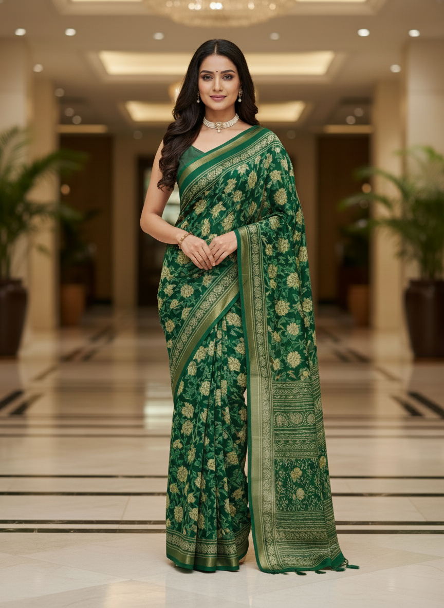 Green Multicolor Saree with Pattern Print | AS-00110