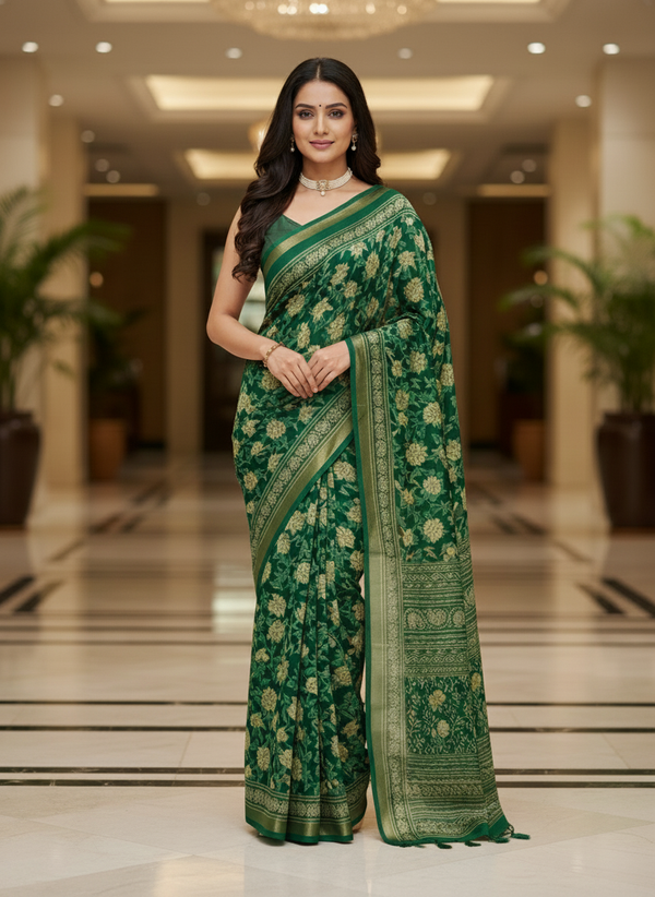 Green Multicolor Saree with Pattern Print | AS-00110