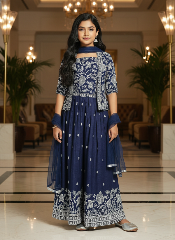 Navy Blue Embroidered Palazzo Set with Dupatta For Girls|AS-K8