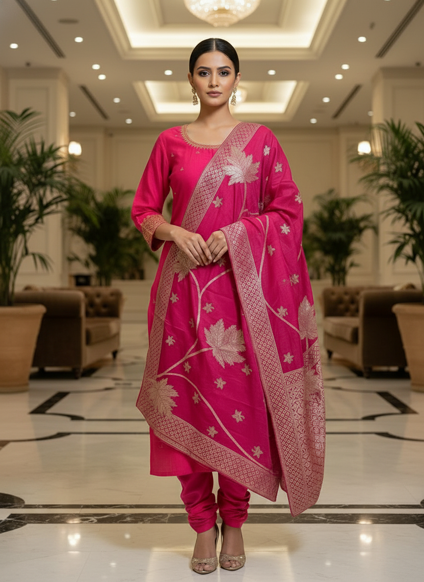 Elegant pink Kurta Set with Banarasi Dupatta| AS-00202