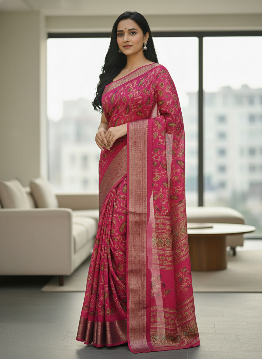 Navy Blue Floral Printed Chiffon Saree with Border| AS-00105