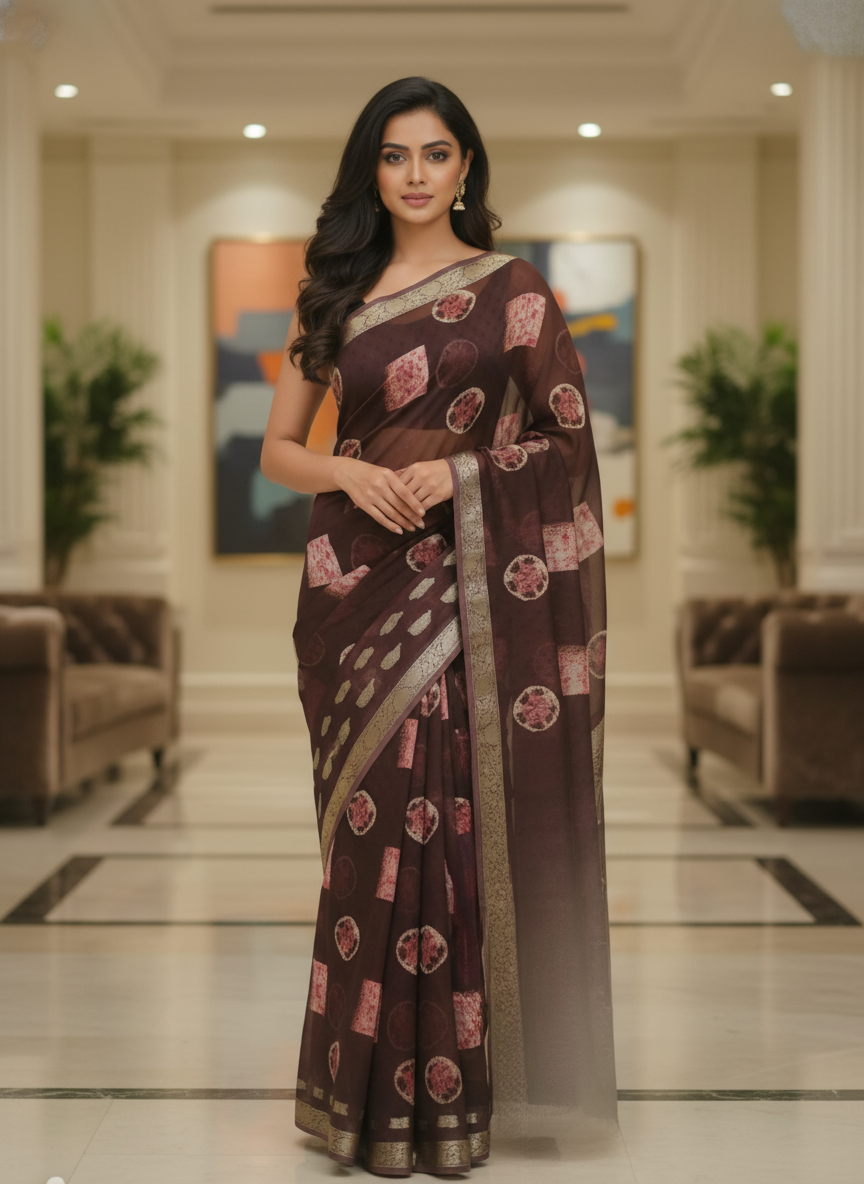 Brown Multicolor Saree with Pattern Print | AS-00117