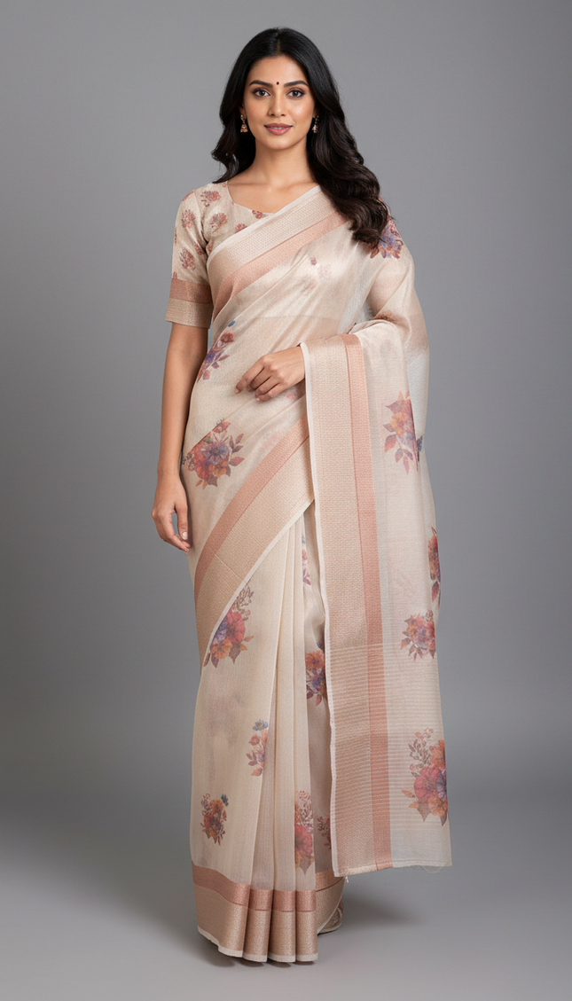 Ivory Cream Designer Organza Tissue Silk Floral Print Saree with Blouse |DS26|