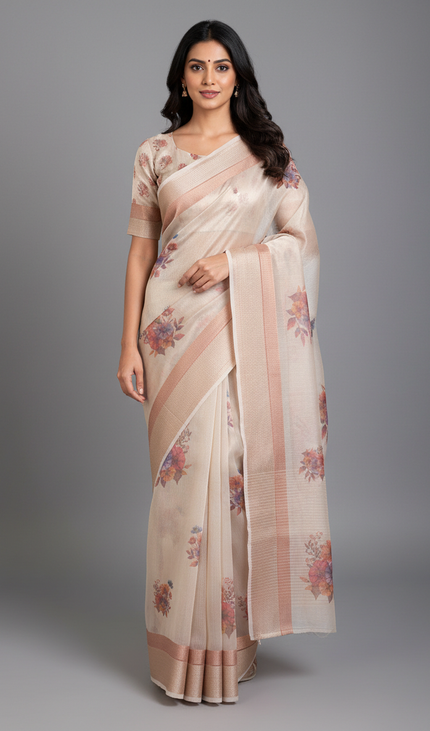 Ivory Cream Designer Organza Tissue Silk Floral Print Saree with Blouse |DS26|