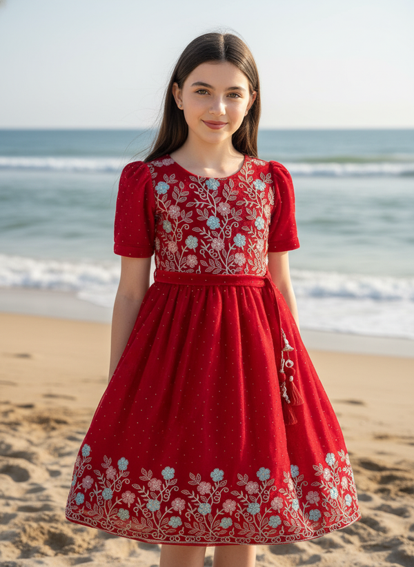 Red Floral  Party Frock For Girls|AS-K11