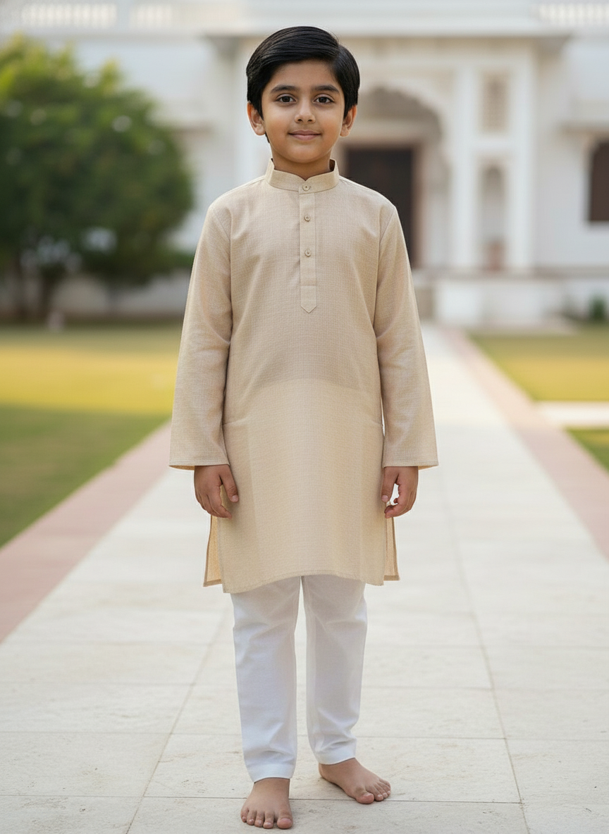 Beige Solid Kurta with white Pajama Set For Boys | AS-K2