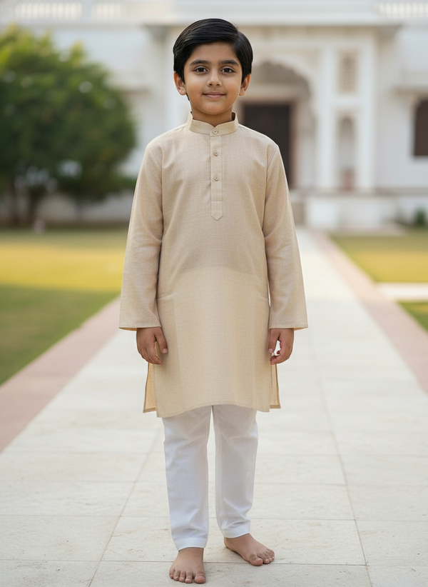 Beige Solid Kurta with white Pajama Set For Boys | AS-K2