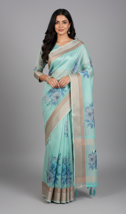 Aqua Blue Designer Organza Tissue Silk Floral Print Saree with Blouse |DS26|