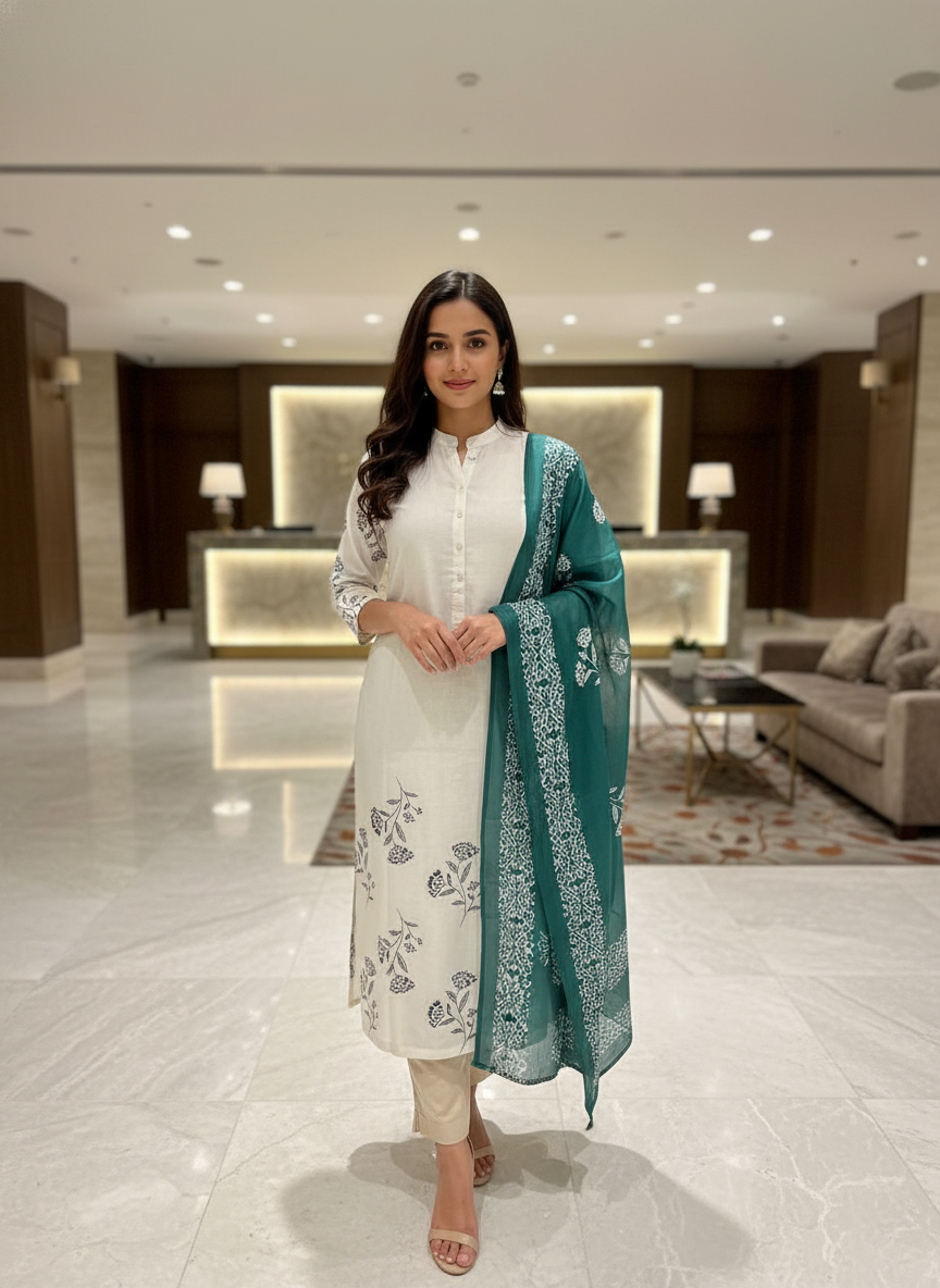 Cream Cotton Printed straight cut kurta with Dupatta| AS-00152